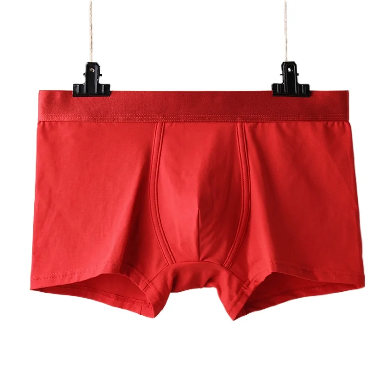 Men\'s Briefs Plain Cotton Square Corners Breathable Middle Waist Red Combed Cotton Shorts