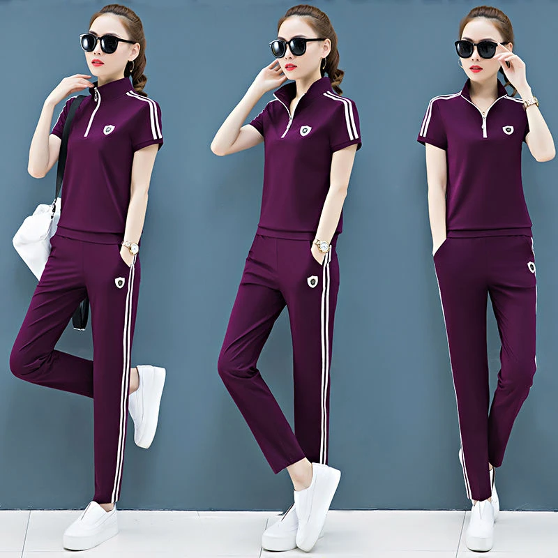 Casual Jogging dres damski duży rozmiar dwuczęściowy zestaw letnie stroje modna stójka bluza dresowa z krótkim rękawem i garnitur ze spodniami