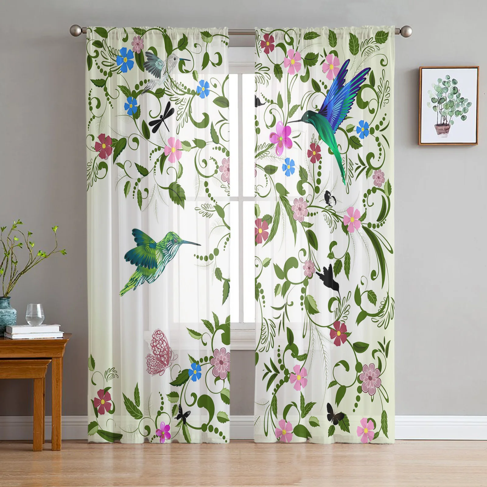 Plant Leaves Art Flower Hummingbird Tulle Window Treatment Sheer Curtains for Living Room the Bedroom Curtains Decoration