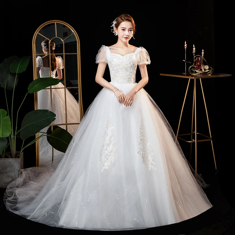 AnXin SH princess flower lace white wedding dress vintage sweetheart sparkly ball gown short puff sleeve bride wedding dress