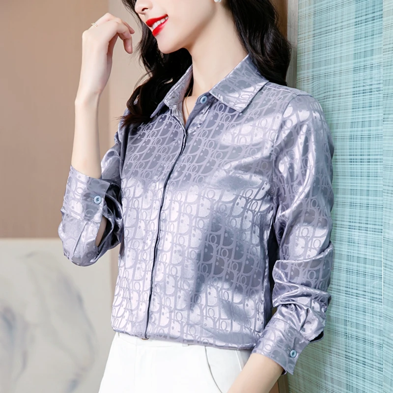 Fashion Striped Plaid Jacquard Satin Silk Shirt Women Blouse Office Ladies OL Work Shirt Long Sleeve Spring Autumn Tops Clothes