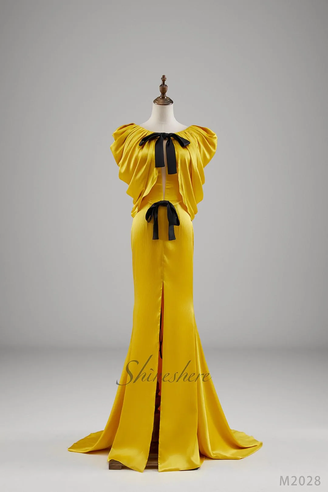 Jusere evening dress elegant party dress with puffy sleeves yellow evening gown with sweep train