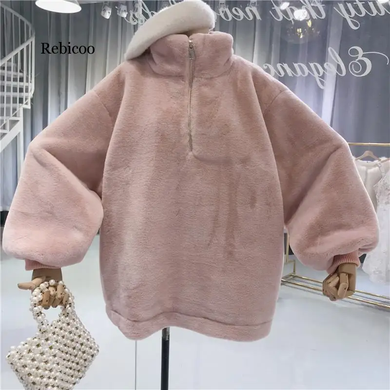 

Winter Casual Faux Fur Hoodie Women Plush Warm Fleece Oversized Sweatshirts Autumn Ladies Pullovers pink