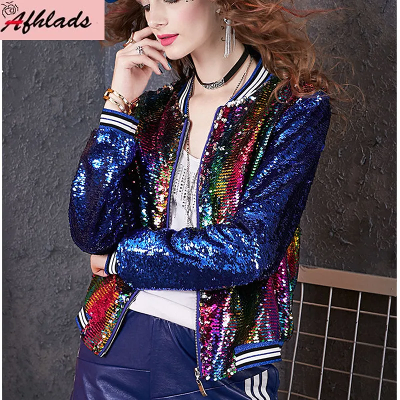 Women's Spring And Autumn New Rainbow Outerwear Night Club Loose Sequins Striped Patchwork Round Neck Long Sleeve Jacket