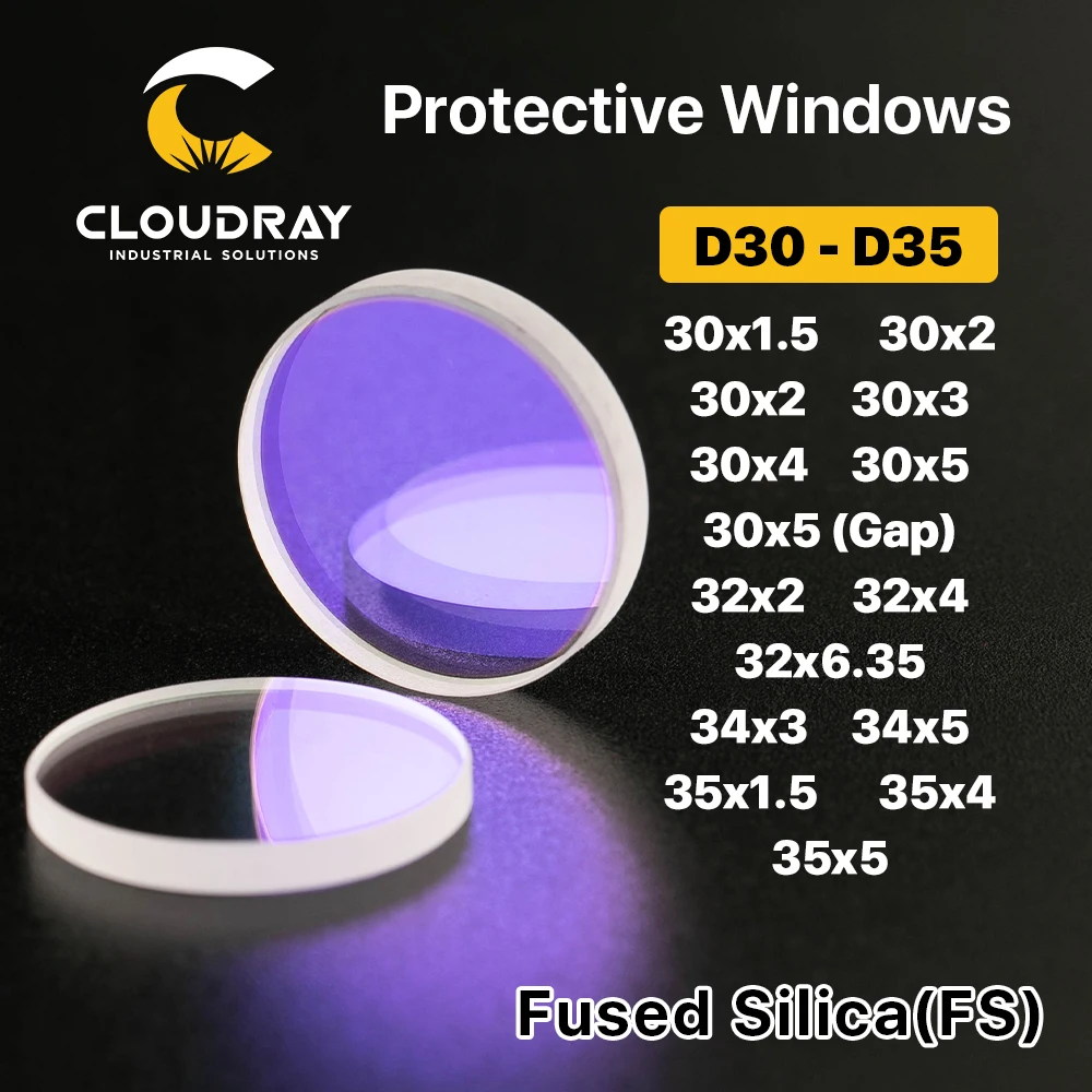 Cloudray Laserowe okna ochronne Seria D30 - D35 Kwarcowy stopiony krzem dla lasera światłowodowego 1064nm Precitec dla Raytools WSX