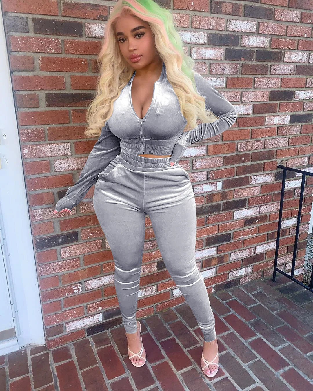2022 Two Piece Set Women Velvet Hoodied Long Sleeve Crop Top Stacked Pants Leggings 2 Piece Set Outfits Tracksuit Sweatsuit