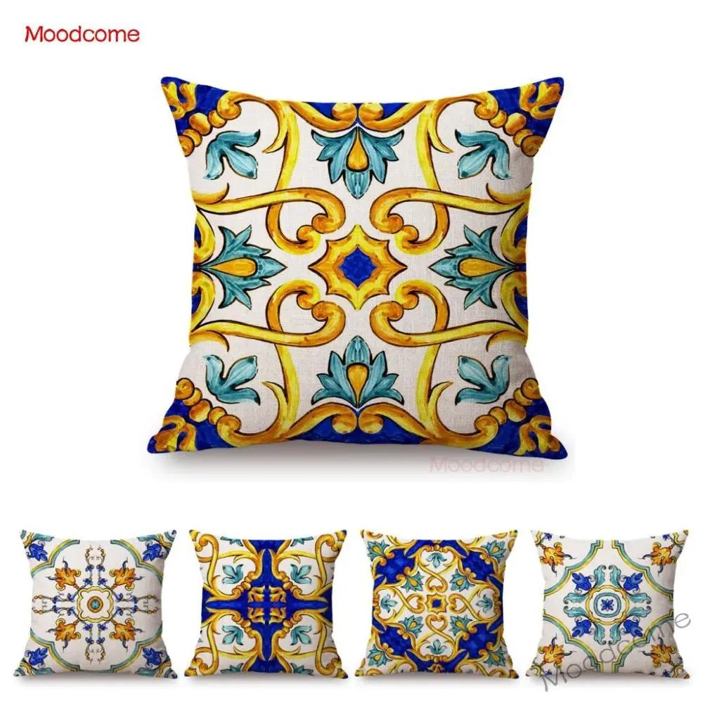 Nordic Watercolor Hand Drawn Italian Brogue Tile Pattern Blue Sofa Throw Pillow Case Home Decoration Cotton Linen Cushion Cover