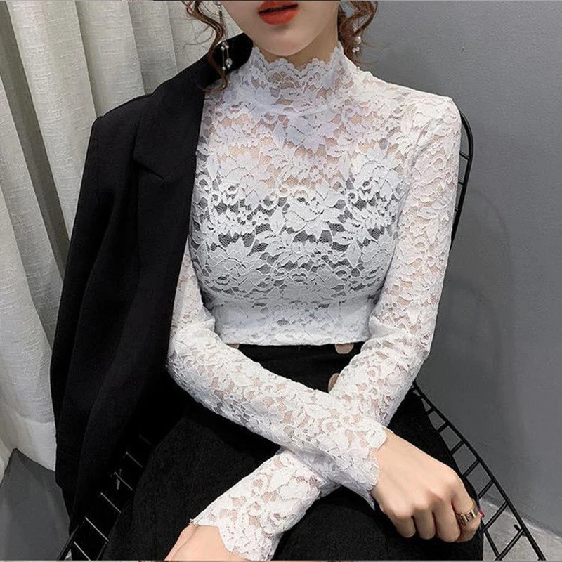 Lace Turtleneck Long Sleeve T-Shirt Female Thin Black See Through Rose Solid Blouses Tulle Gauze Fall Clothes Tops Women