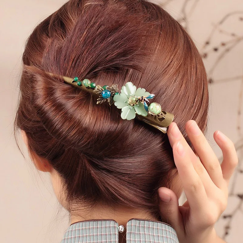 Coloured glaze Flower Large Hair grips Vintage Barrettes Jewellery  Chinese Ethnic Hair Pins Ornaments Women Hair Accessory Clip