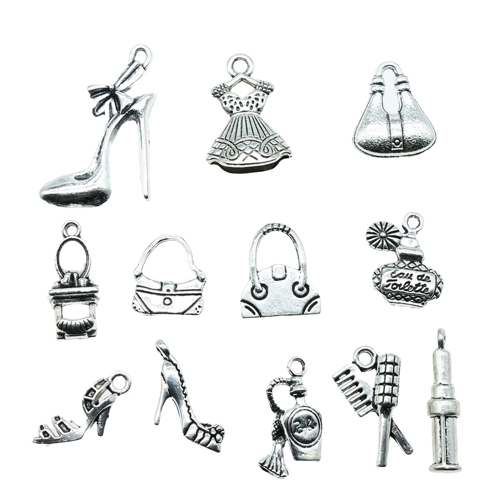 20pcs Antique Silver Color Women'S Daily Necessities Charms Evening Dress Bags High Heel Perfume Lipstick Charms