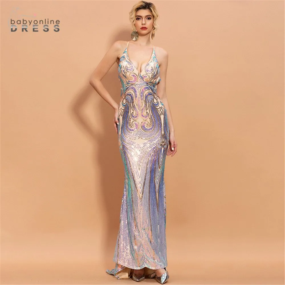 

New Sexy Sequined Long Evening Dress Mermaid Beaded Satin Women Evening Party Prom Gowns Criss-Cross Back Formal Dress Vestidos