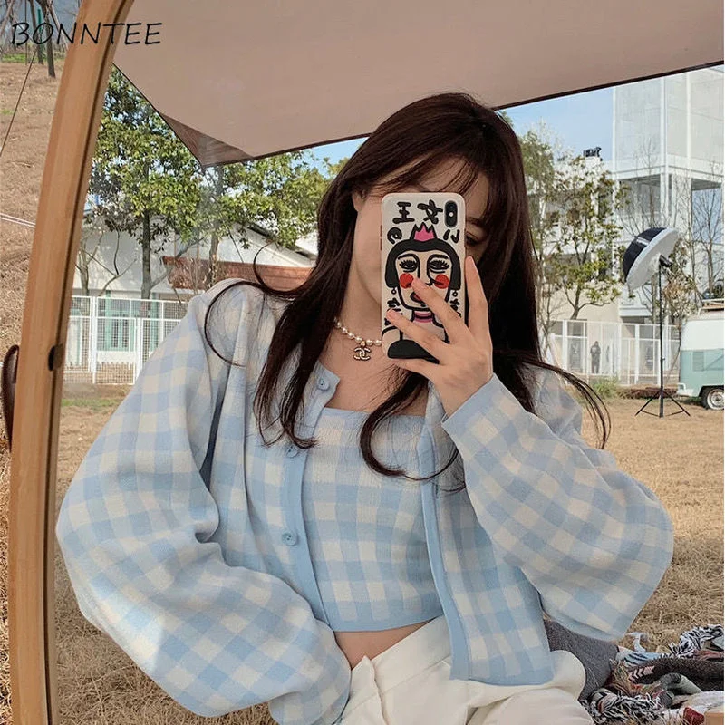 

Women Sets Spring Cute Girlish Single Breasted Cozy Plaid Camisole 2 Pieces Ulzzang Preppy Picnic Friend Casual Trendy Sweet Ins