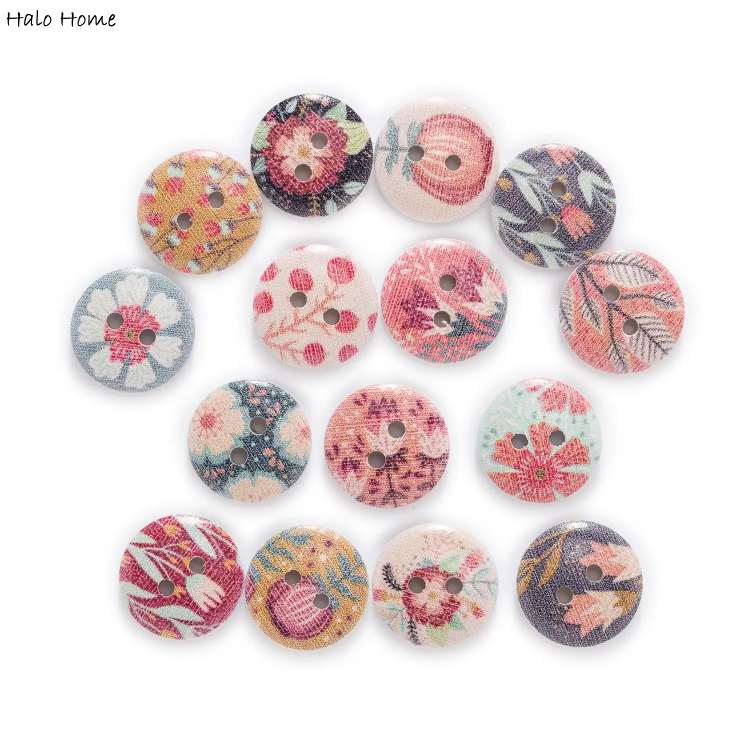 50pcs Flower Printing Richly Colorful Mix Round Wood Buttons Sewing Scrapbooking Clothing Crafts Handwork Accessories 15mm