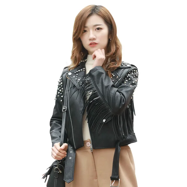 Punk street rivet beading pu leather jackets spring leather outerwear female fashion Tassel stitching PU leather jacket F832