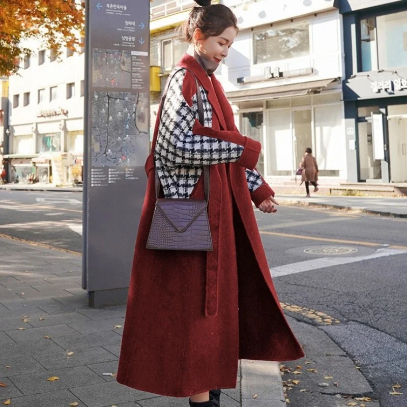 

Medium-Long Women Red Overcoat Winter Thick Loose Plaid Spliced Wool Blend Coat Lapel Elegant Office Lady Sashes Outerwear