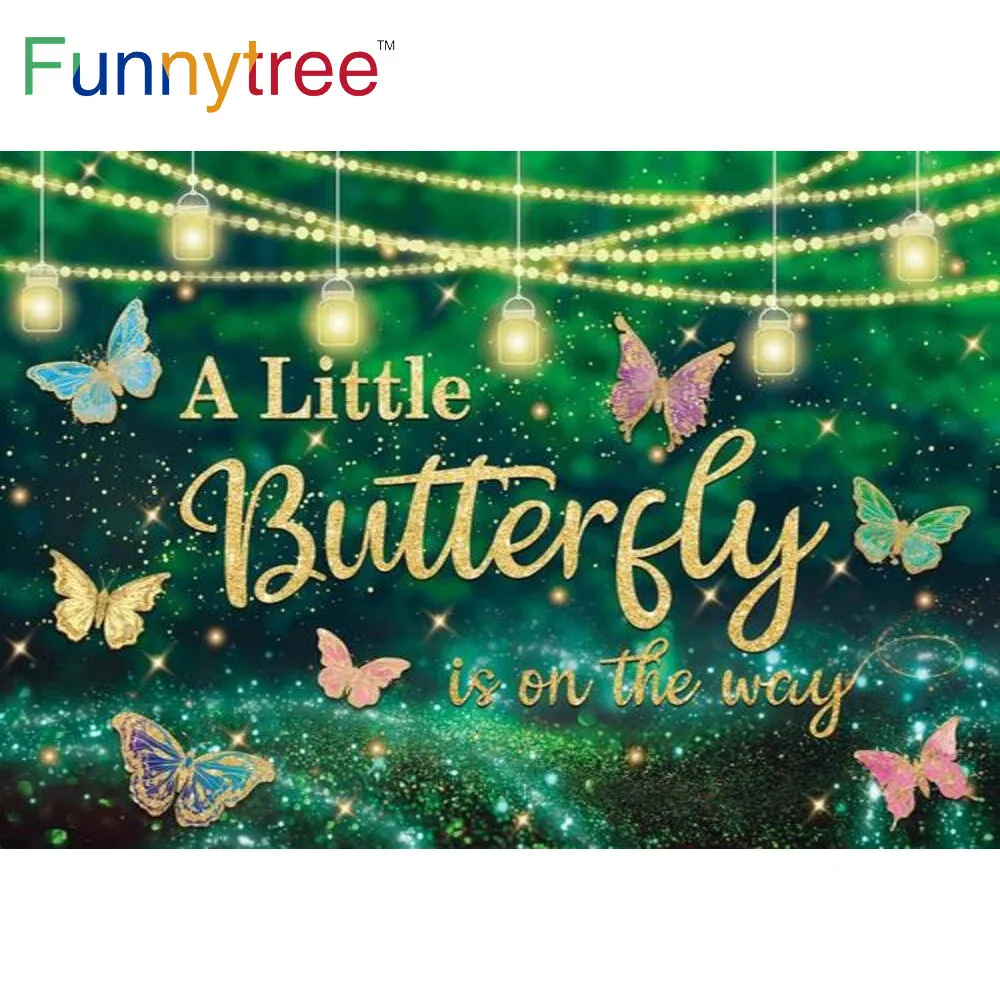 

Funnytree Baby Shower Girl Birthday Party Butterfly Background Green Spring Wonderland Lights Banner Glitter Gold Dots Backdrop