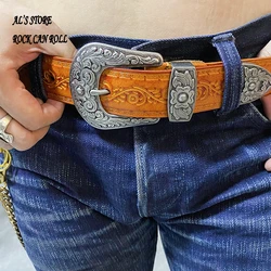 ALZY08 Genuine Cowhide Leather Handmade Durable Popular  Buckle Biker Belt