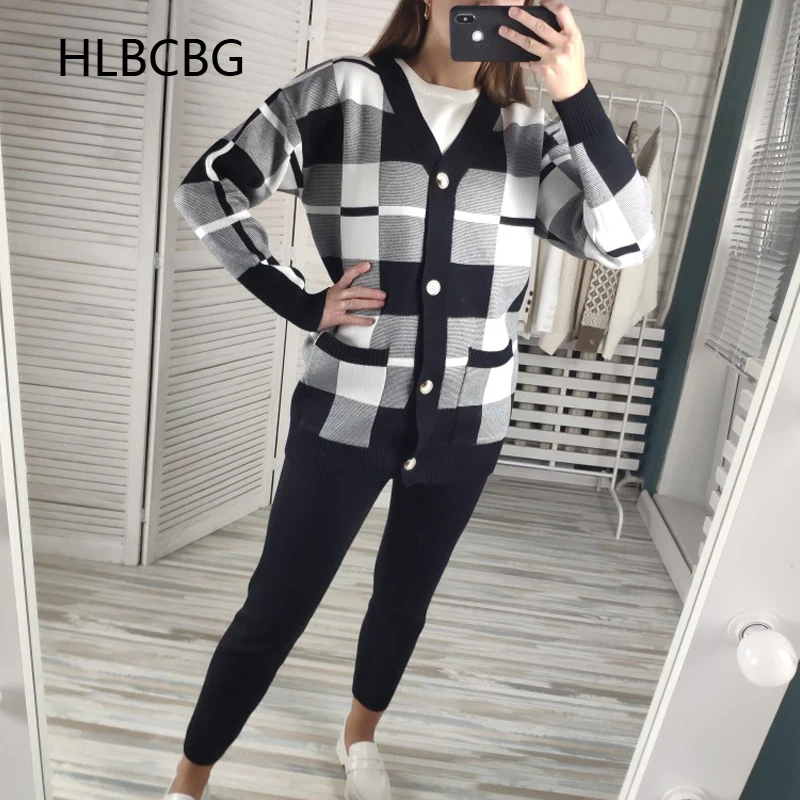 Autumn Winter Plaid Knit Women\'s Tracksuit Hooded Zipper Jacket Cardigan + Crop Top Vest + Solid Harem Pants 3 Piece Set Women