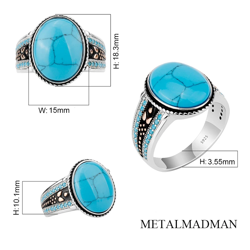 Vintage Natural Turquoise Türkiye Ring Fashion 925 Sterling Silver Oval Sky Blue Gem Anniversary Jewelry Party Gift