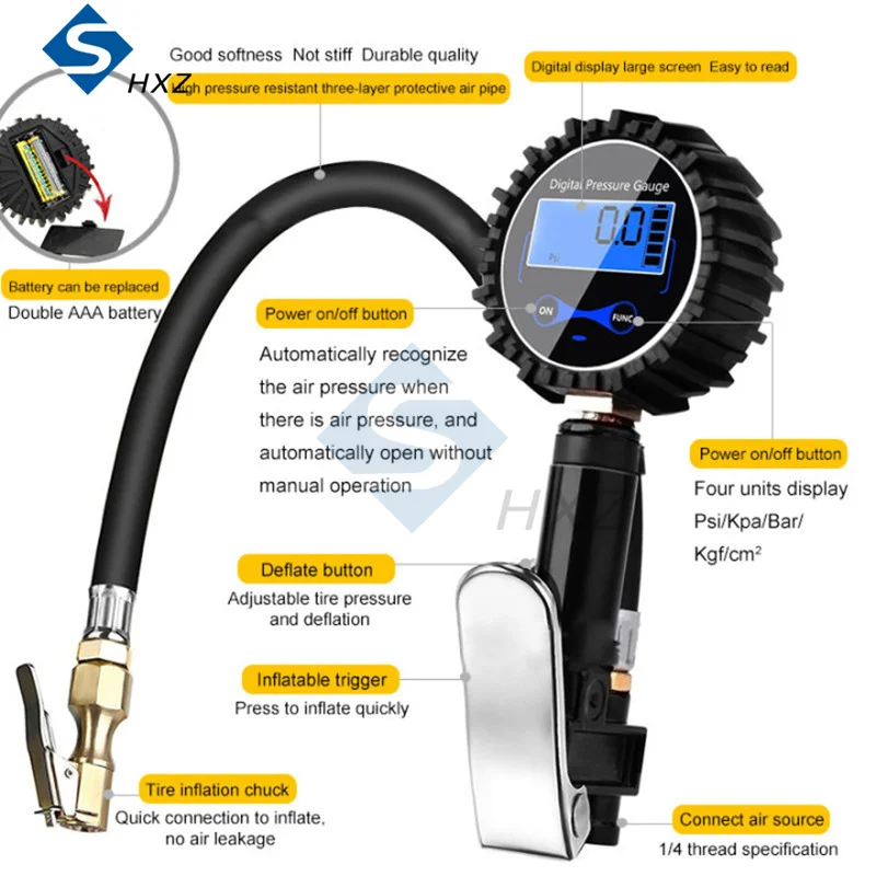 Digital Car Air Tire Pressure Inflator Quick Clip Gauge LCD Display Dial Meter Vehicle Tester with American Air Inlet Nozzle