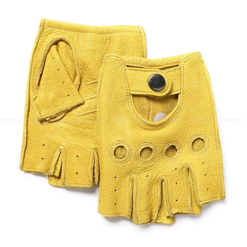 Male100-guantes cortos de medio dedo para hombre, piel de oveja auténtica, color amarillo/marrón/negro, para conducción