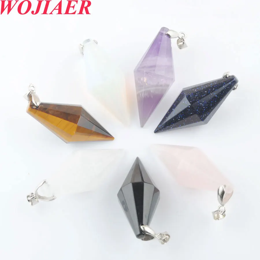 WOJIAER Unique Symmetry Cone Pendant & Necklace Natural White Crystal Agate Multi Facted Pyramid Reiki Pendulum Jewelry BO916