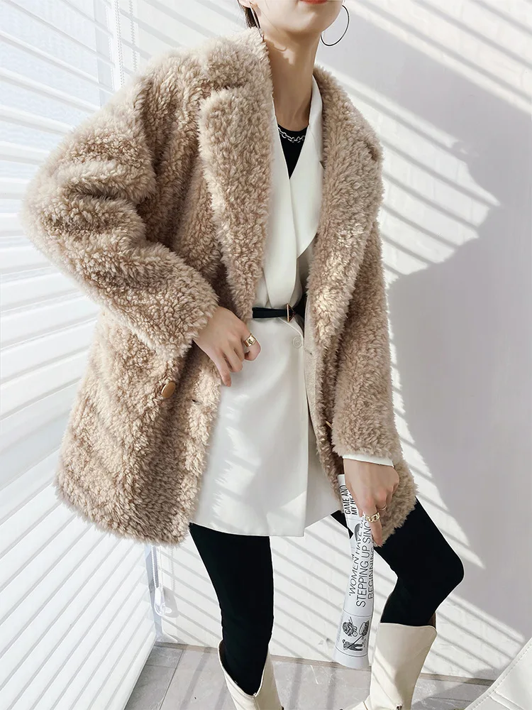 MENINA BONITA  2022 Luxury Winter Jacket Women Overcoat Double-breasted Weave Real Natural Wool Fur Lapel Thick Warm Streetwear