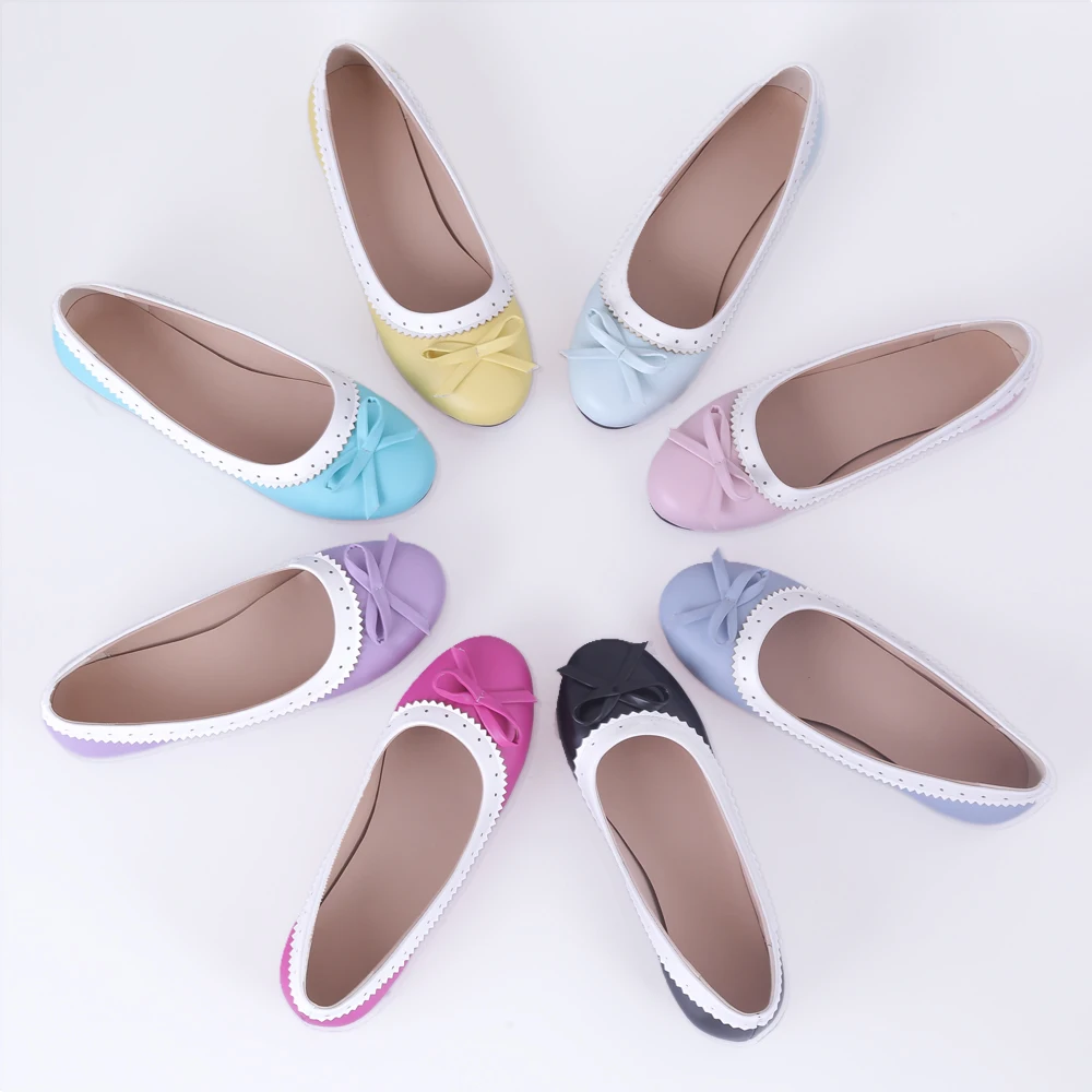 Plus Size 34~51 Ballet Flats Women Autumn Spring 2023 Mixed Colours Patchwork Casual Loafers Bow PU Leather Slip on Basic Shoes