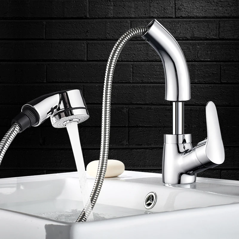 AU Pull Out Bathroom Faucet Brass Pull Down Kitchen Faucet Sprayer Dual Water Sink Single Handle Classic Black/Chrome