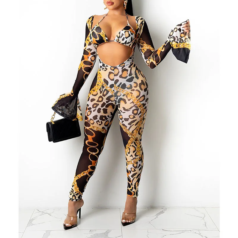 New Arrival Women Digital Leopard Print Sexy 2 Pcs Set Summer Sheer Mesh Flared Sleeves Cutout Skinny Jumpsuit+Halter Lacing Top