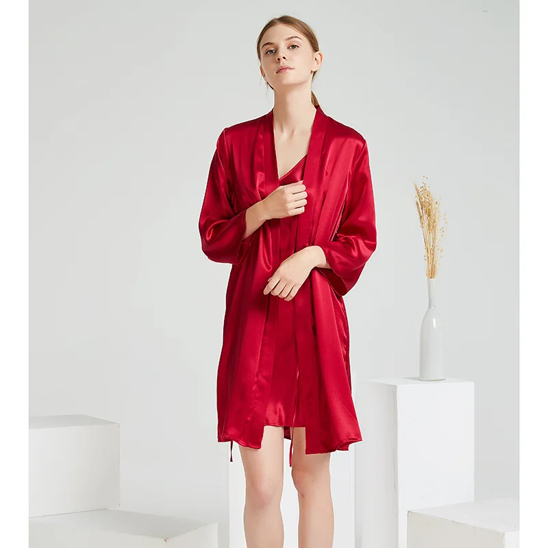 Red Kimono Gown Women 100% Silk Twinset Robe Suit Nightwear Sexy Silky 2PCS Bride Wedding Bathorbe Loose Casual Home Dressing