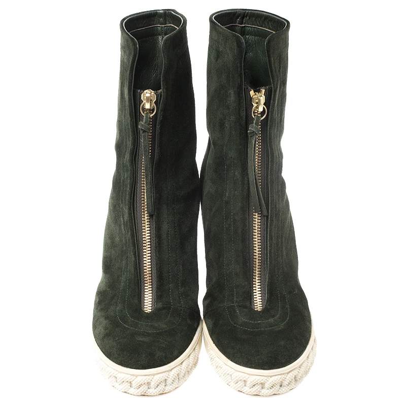 Roman Style  Front Zipper inner Wedge Ankle Boots Ladies Army Green Suede Height Increased Heel Short Bottines