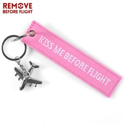 Pink Kiss Me Before Flight Key Chain Label Embroidery Keychain with Metal Plane Key Chain for Aviation Gifts Car Keychains