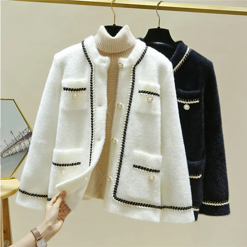 2020 Faux Mink Velvet Jacket Women Autumn Winter Knit Cardigan Coat Loose Sweater Fashion Female Long Sleeve Casual Tops KW168