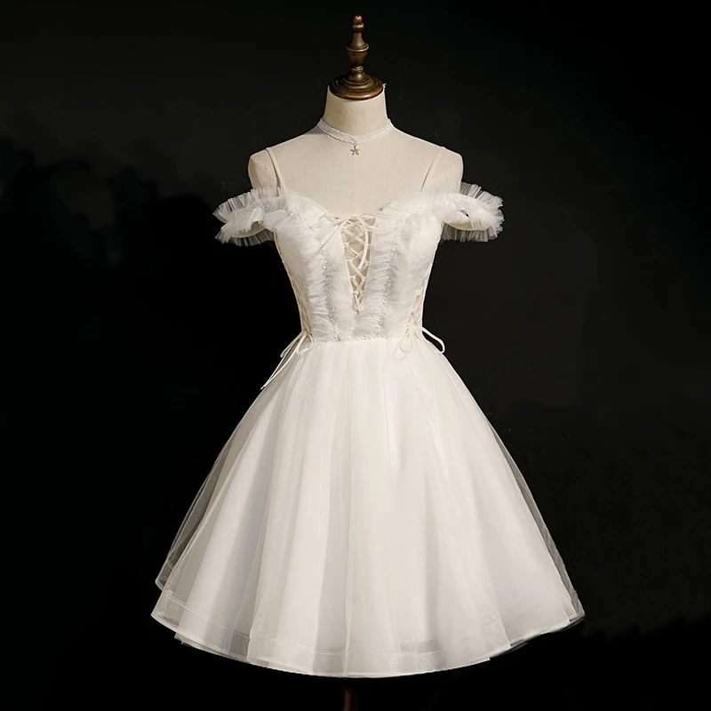 AnXin SH princesa encaje blanco correa de espagueti volantes lazo de cristal con cordones vestido de noche corto personalizado pequeño vestido blanco