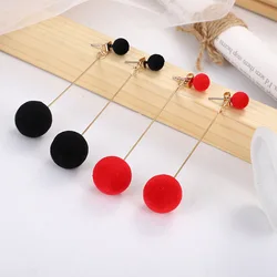 Fashion Red Black Plush Ball Drop Earrings For Women Korean Velvet Round Long Tassel Dangle Ear Statement Jewelry