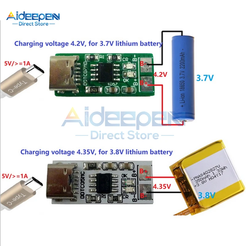 1S Type-C USB to 4.2V 4.35V 1A Step-down Buck LiPo Polymer Li-Ion Charger for 3.7V 3.8V 18650 Lithium Battery