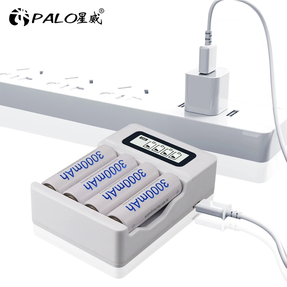 PALO 3000mAh Ni-MH AA Battery Low Self-discharge 1.2V AA Rechargeable Batteries Pre-charged Battery+1.2V AAA AA Battery Charger