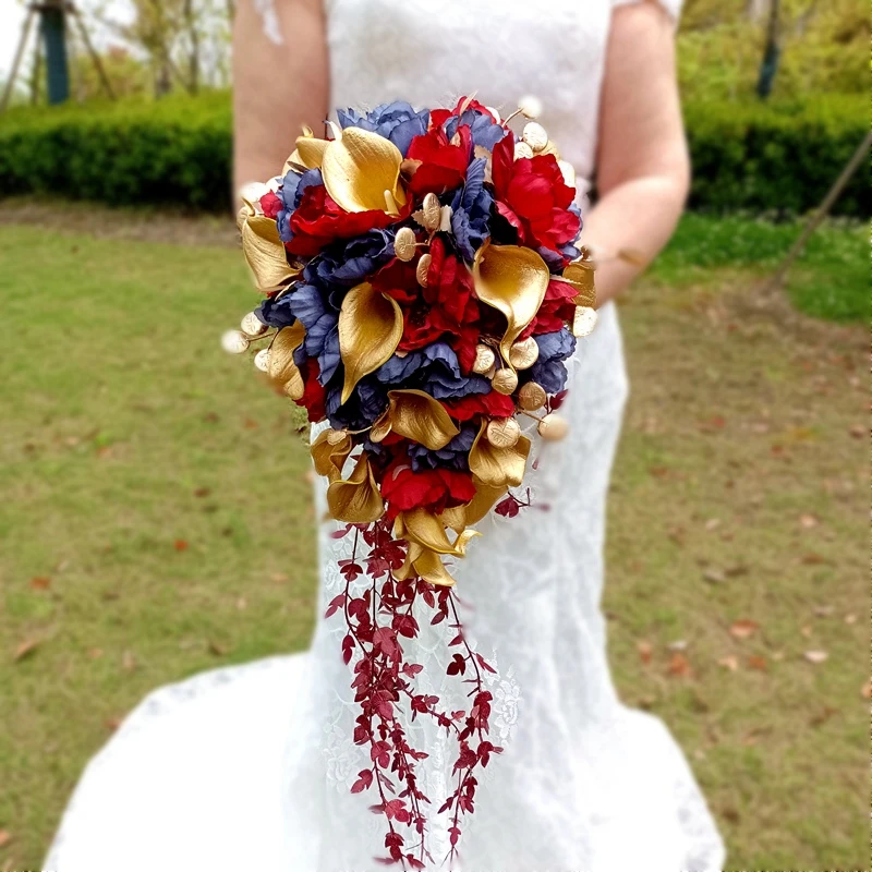 New Wine with Navy Blue Wedding Bouquet De Mariage Cascade Accent Colour Golden Callalily Waterfall Boda Colección