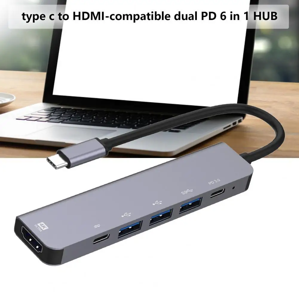 6-in-1 Type-C Hub Docking Station High Speed Type-C to HDMI-compatible 4K USB 3.0 Ports USB-C Hub Adapter for Laptop USB-C Hub