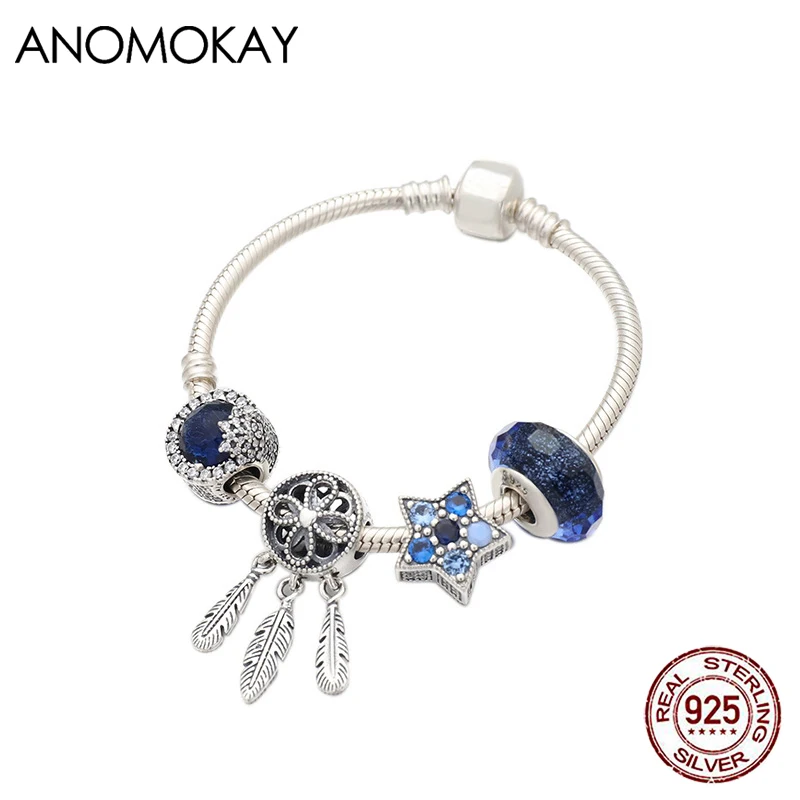 

Anomokay Classic Dark Blue Star Moon Series Charm Silver Bracelet 100% Sterling 925 Silver Dream Catcher Pendant Bead Bracelet