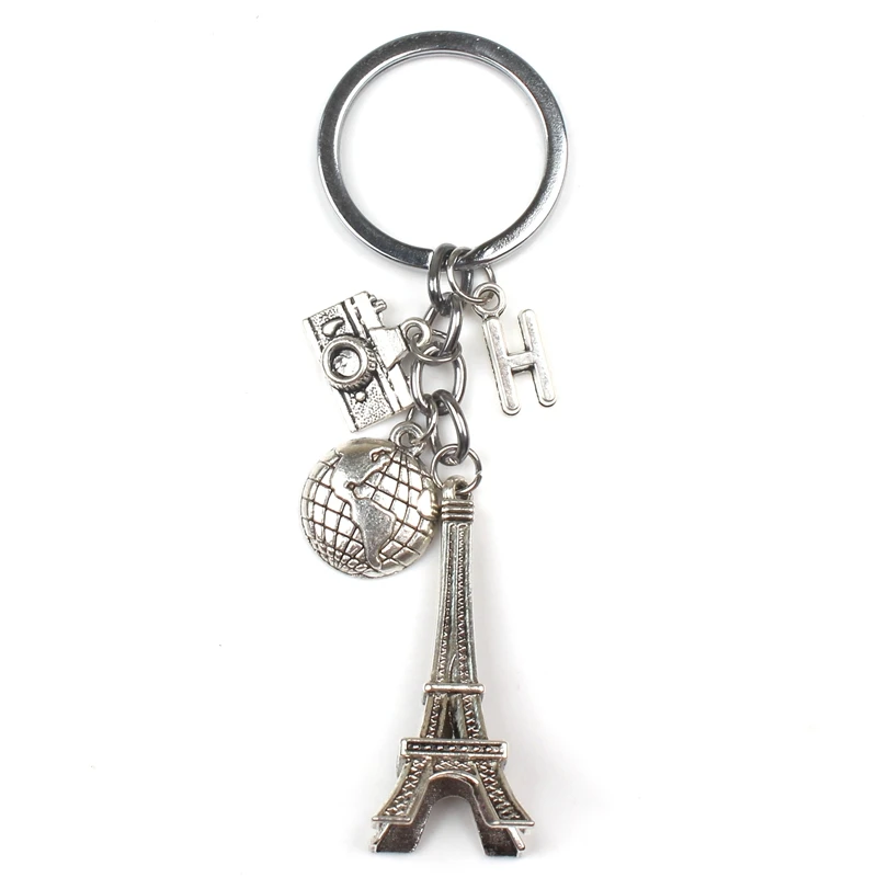 New (A-Z) Letter Personality Custom Earth Paris Tower Keychain Camera Pendant Travel Key Ring Friendship Jewelry Diy Handmade