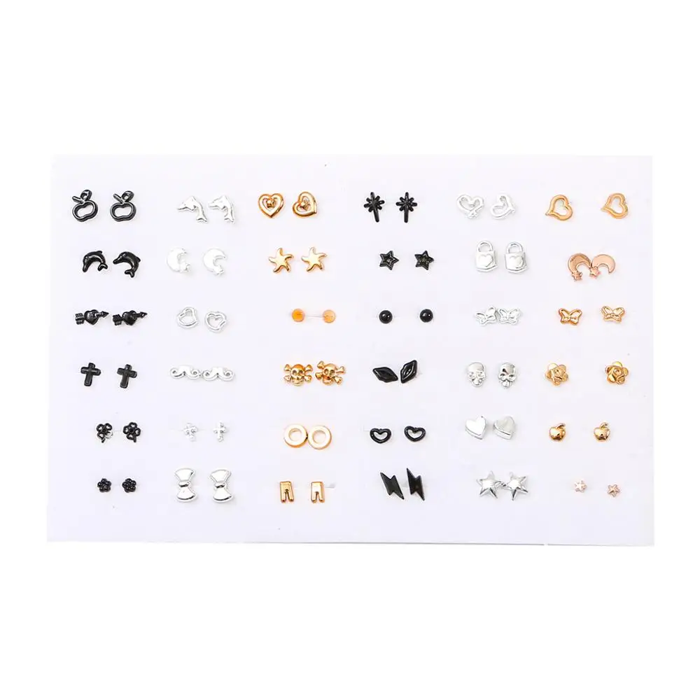 Wholesale 36Pairs/Set Mix Style Small Stud Earrings Set For Girls Women Cute Heart Star Bowknot Plastic Earring Fashion Jewelry