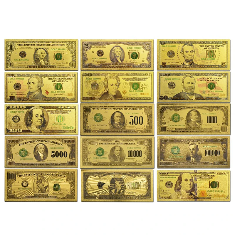 15pcs GOLD BANKNOTE SET 1,2,5,10,20,50,100 ,500,1000,5000,10000,100000,1 Million,1 Billion New USD100 US BANK NOTE DOLLAR BILL