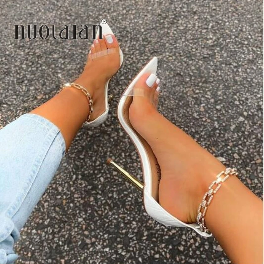 New Fashion Women Pumps Crystal Rhinestone Chain High Heels Sandals PVC Transparent Woman Shoes Summer Party Wedding Shoes