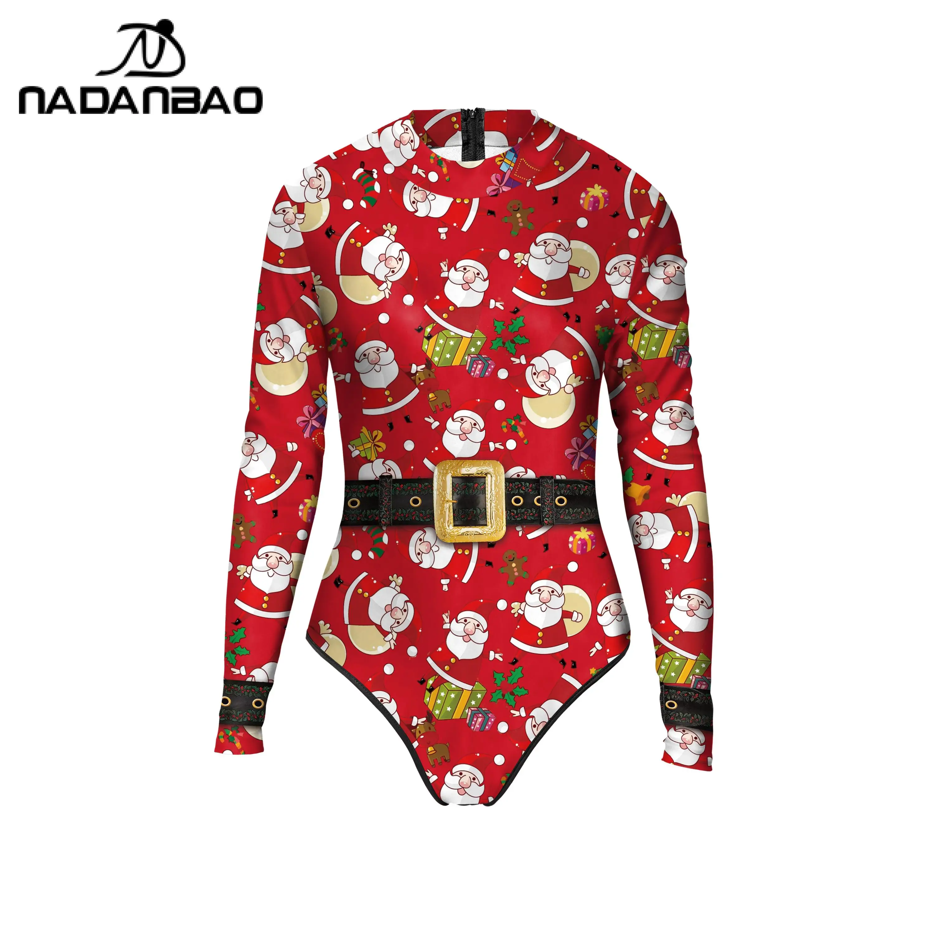 NADANBAO Women One-Piece Swimsuit Swimwear 3D Santa Claus Printed Monokini Bathing Suit Cosplay Bodysuit