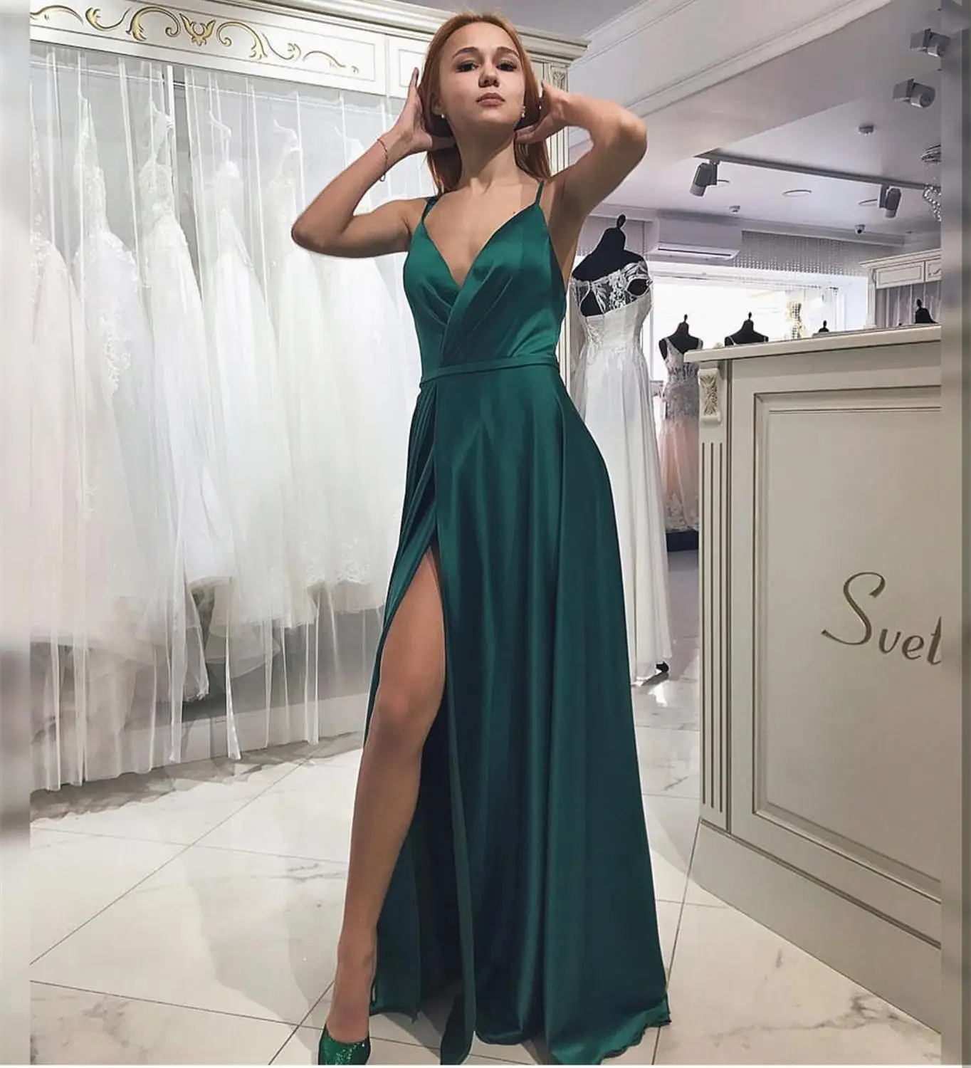 Elegante Avondjurk 2020 Green Satin Side Slit Spaghetti Strap Sleeveless Sweetheart Vrouwen Party Formele Floor Kerst Goedkope