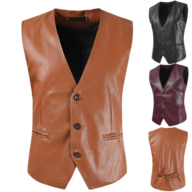 Mens Waistcoat Black Biker Vest Leather Motorcycle Rock Sleeveless Jacket Male Autumn Clothing Men