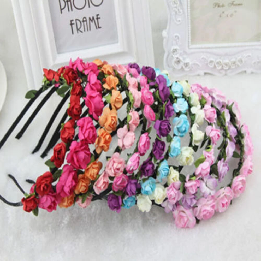 New Rose Flower Heads Boho Hair Garland Girl Beach Crown Hair Band Headband Wedding Hair Accessories Headwear for Girls Kids