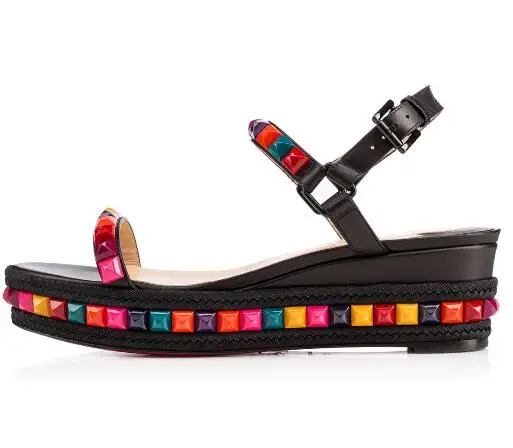 

Carpaton Colorful Rivets Studded Women Sandals Summer Open Toe Ankle Strap Wedge Shoes Sexy Cutouts Dress Shoes